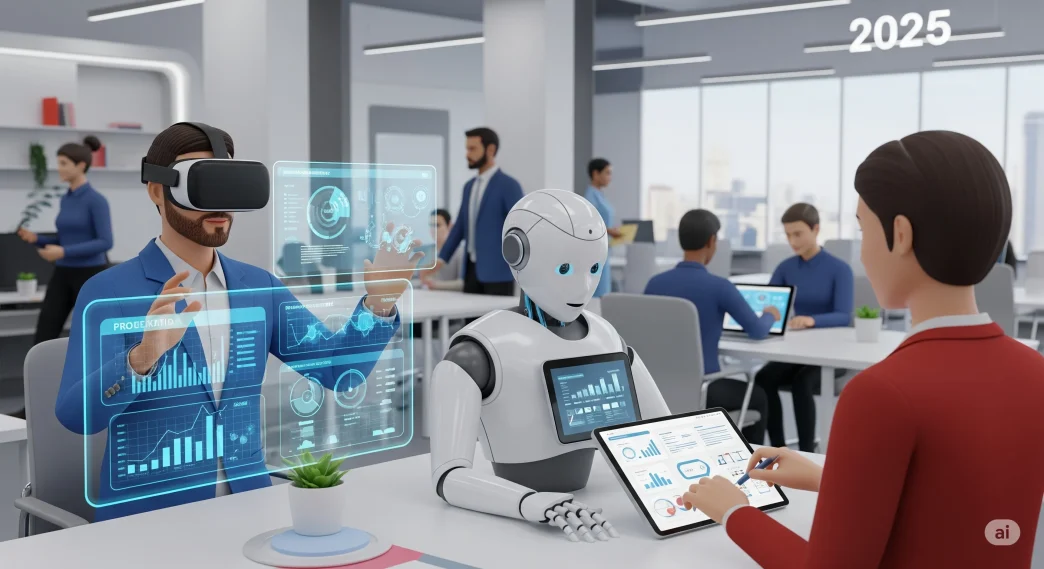 Illustration of artificial intelligence reshaping the future of work in 2025, with robots and humans working together in an office environment
