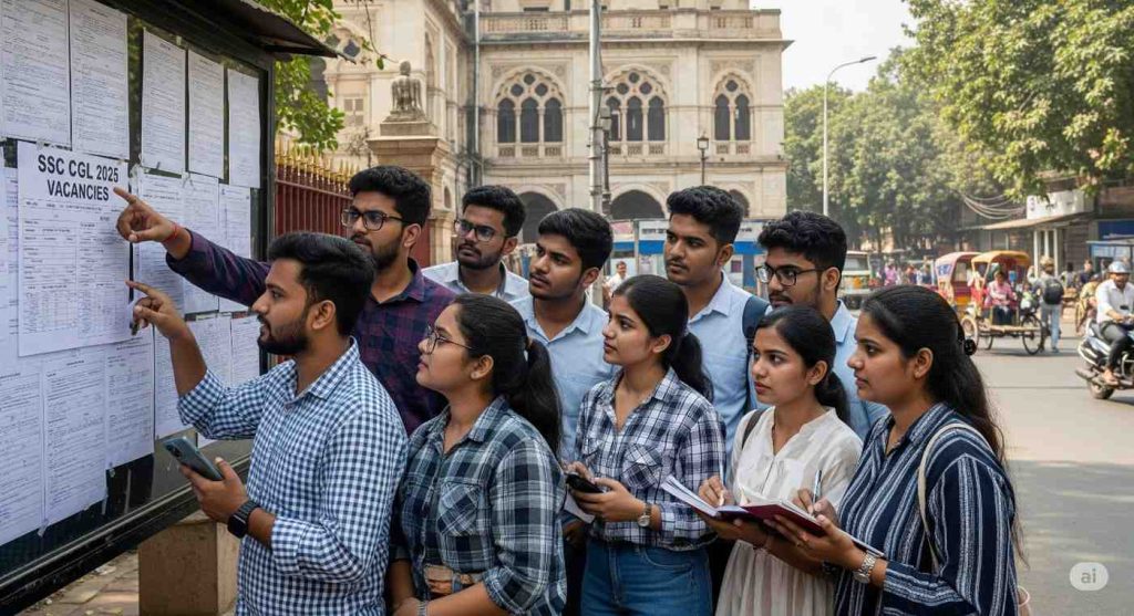 0 Indian students gathered around a notice board outside a building in an Indian city, intently looking for vacancies for the SSC CGL 2025 exam.