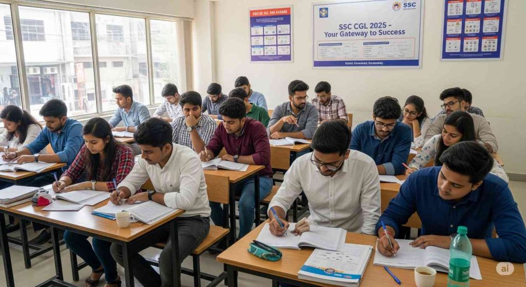 20 Indian students in a classroom, diligently preparing for the SSC CGL 2025 exam with textbooks, notebooks, and posters on the wall.