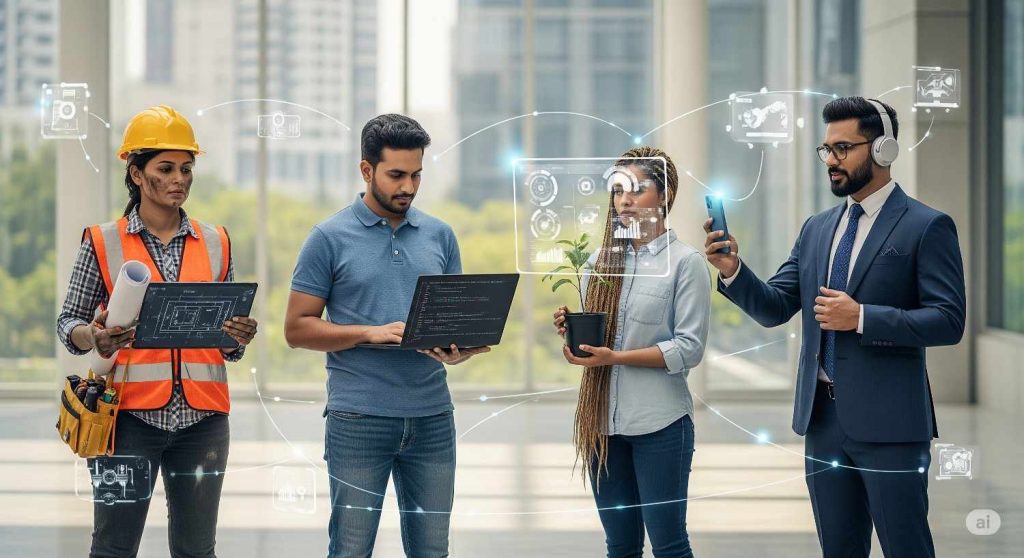 Four Indian professionals representing different sectors: a construction worker in safety gear, a tech worker with a laptop, an environmental advocate holding a plant, and a businessman with headphones, symbolizing the diverse impact of technology across industries in India