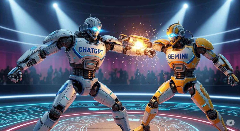 ChatGPT robot and a yellow and orange Gemini robot fighting in a futuristic arena.