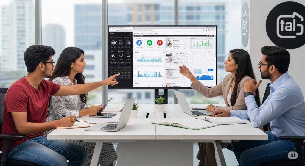 Indian students and professionals collaborating on social media management, a common part-time job