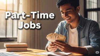 A happy Indian student counting money at a desk payment of Part-Time Jobs