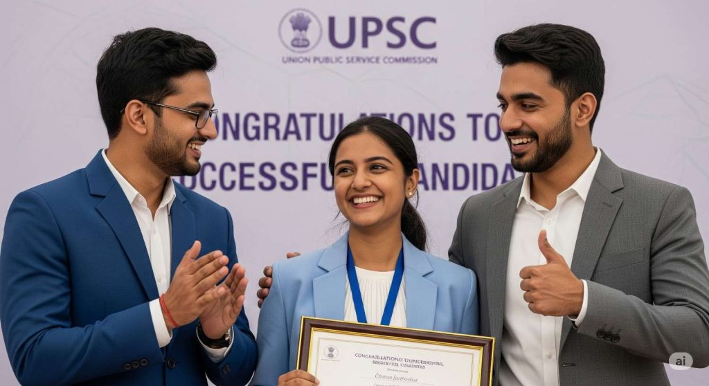 holding a framed certificate and smiling, flanked by two men celebrating MBA or UPSC