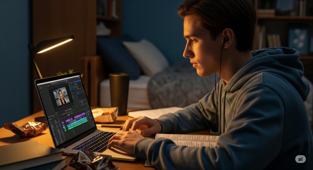 a student focused on editing a video on a laptop, a common part-time job for students