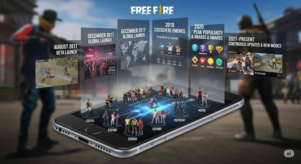 An illustrated timeline showcasing the Free Fire Growth and History from 2017 to global success