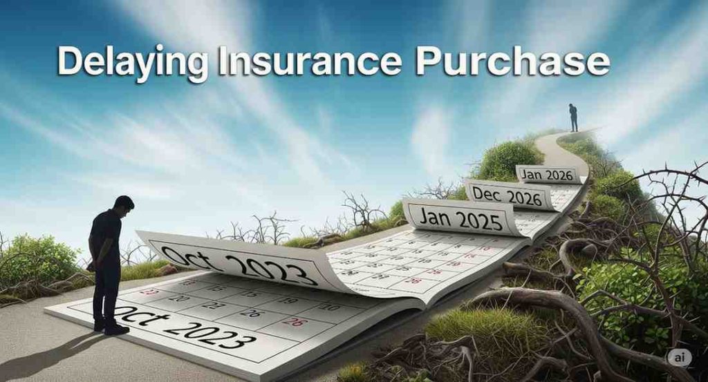 Visual representation of the insurance mistake of delaying insurance purchase, leading to higher premiums and reduced eligibility over time.