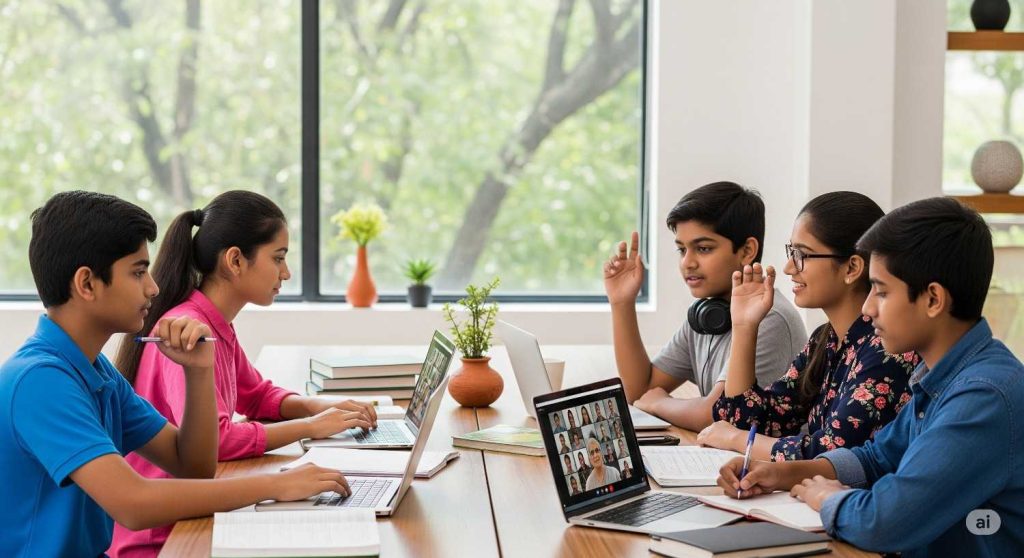  five Indian students participating in an online tutoring class, showcasing a modern approach to part-time jobs