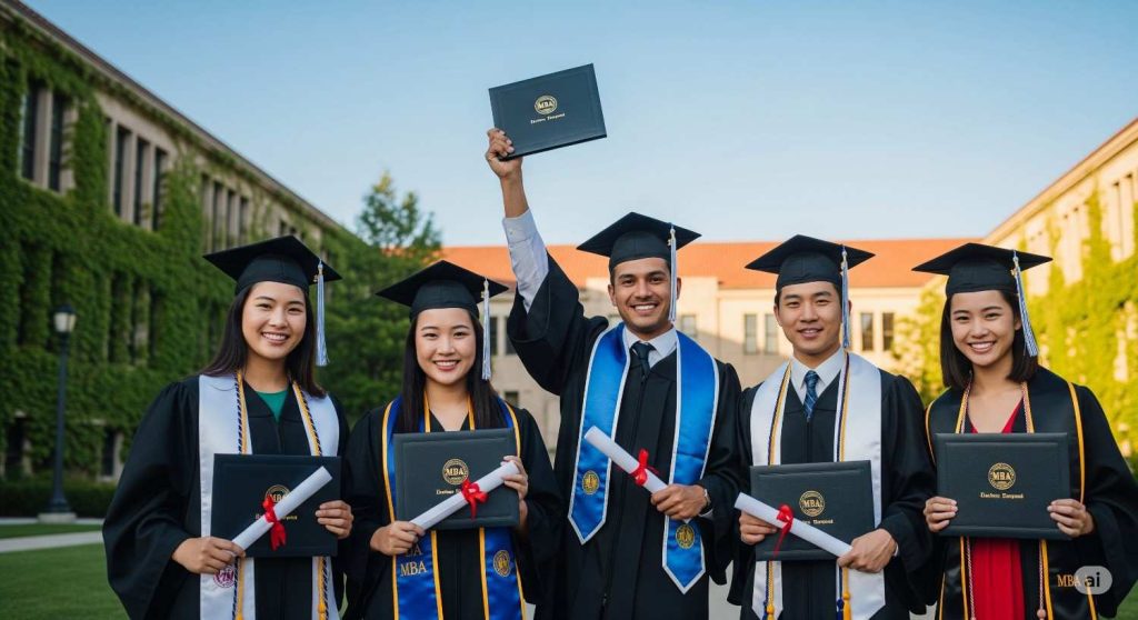 five diverse MBA graduates in caps and gowns, smiling and holding diplomas in front of a university building mba or upsc