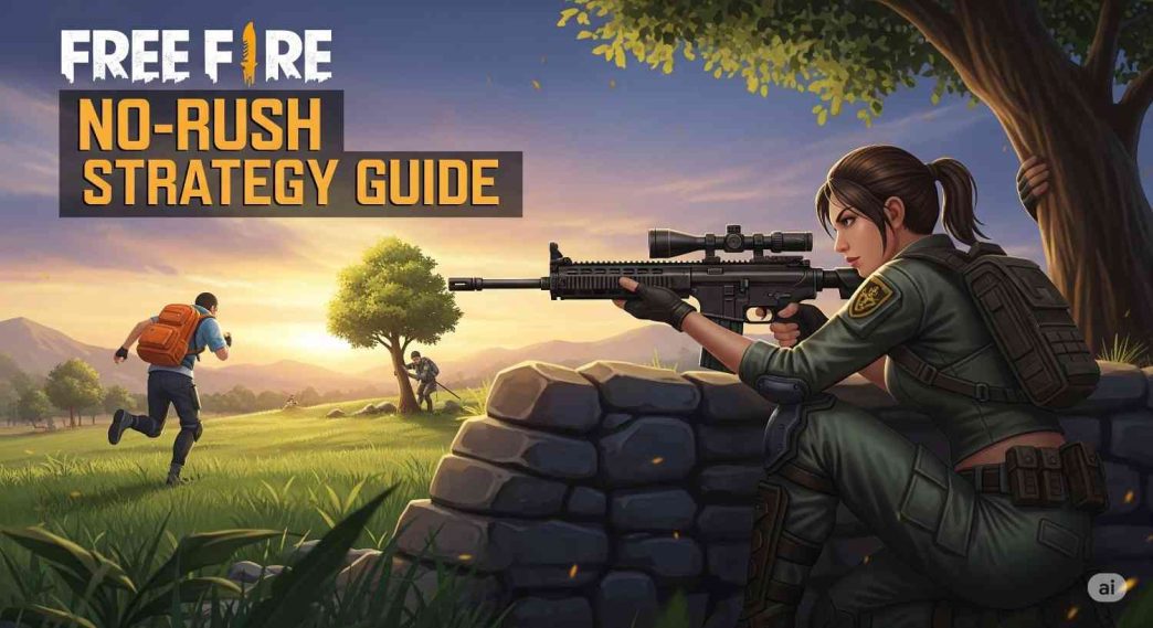 Free Fire No Rush Strategy gameplay showing a player using medkits and gloo walls to win without fighting in the final zone