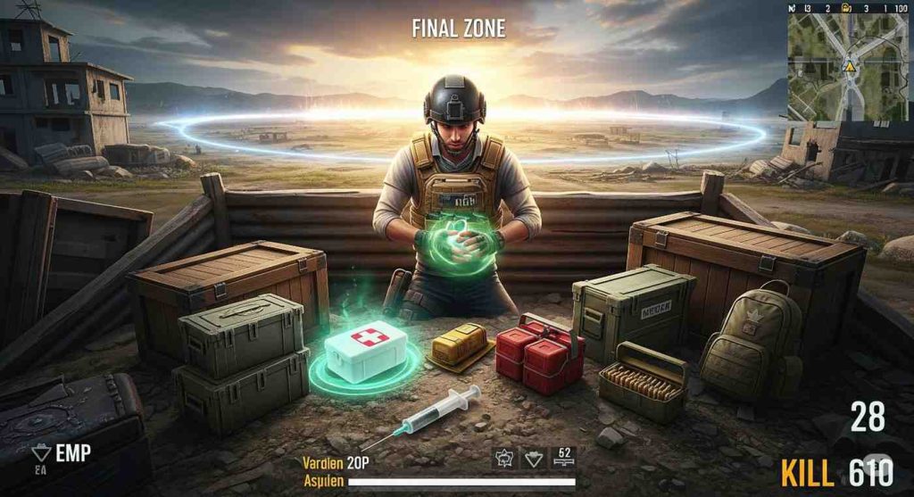 Free Fire Survival Loot used in final zone heal battle strategy with medkits, gloo walls, and EP boost in last circle
