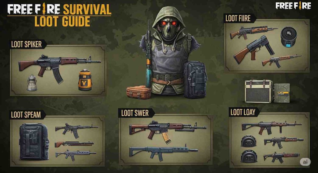 Free Fire Survival Loot strategy showing medkits, gloo walls, and last zone heal battle in Bermuda map.