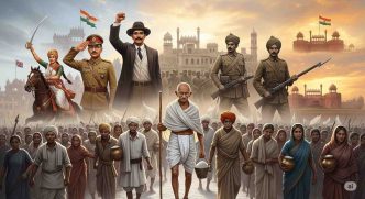 Iconic leaders and people of the Indian freedom struggle, including Mahatma Gandhi, Bhagat Singh, Rani Lakshmibai, and freedom fighters marching for India’s independence