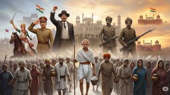 Iconic leaders and people of the Indian freedom struggle, including Mahatma Gandhi, Bhagat Singh, Rani Lakshmibai, and freedom fighters marching for India’s independence