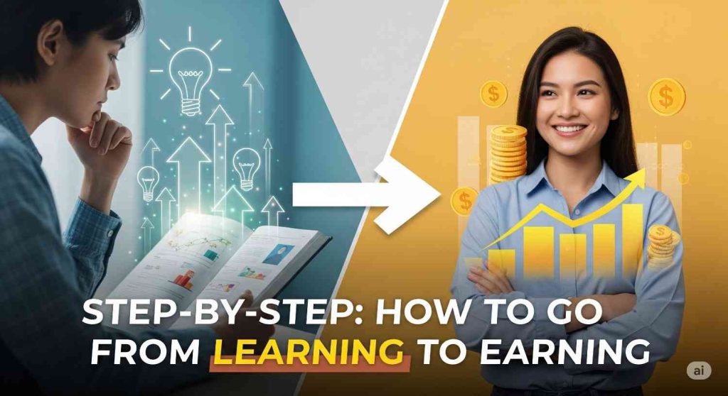 Step-by-step guide from learning to earning with visuals of skill development, freelancing, and online income.