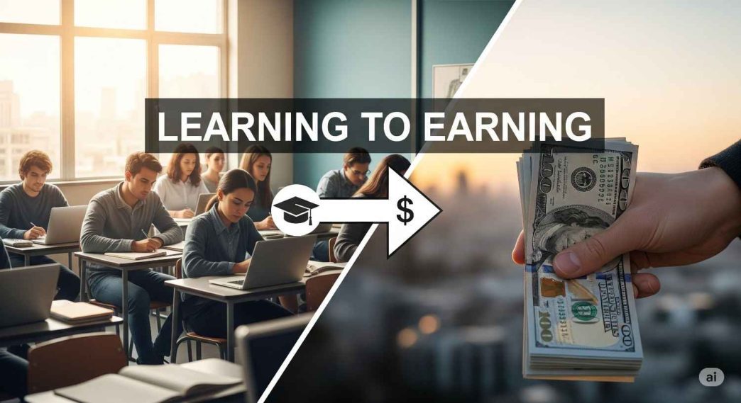 A visual roadmap showing the shortcut from learning to earning one skill at a time in 2025 — highlighting digital skills and growth.