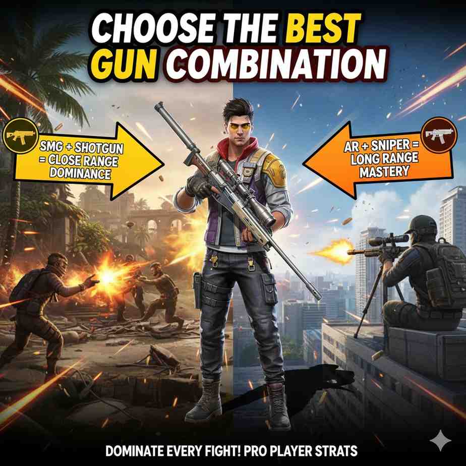 Choose the Best Gun Combination – Free Fire Beginner Tips for AR and SMG setup.