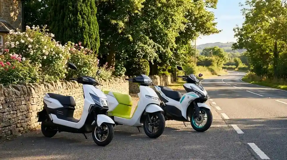 3 new electric scooter standing outside 