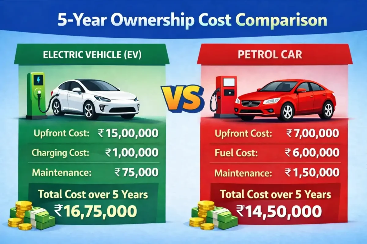 5-Year Ownership Cost Comparison showing EV vs petrol car total cost, highlighting long-term savings with electric vehicles in India.