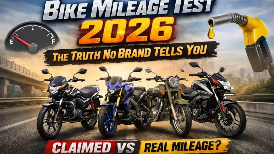 Bike Mileage Test 2026 showing real-world mileage comparison of popular Indian bikes versus claimed figures