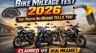 Bike Mileage Test 2026 showing real-world mileage comparison of popular Indian bikes versus claimed figures
