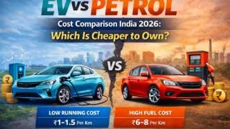 EV vs Petrol Cost Comparison India 2026 showing electric car vs petrol car ownership cost, running cost per km, fuel vs charging expense and long-term savings in India