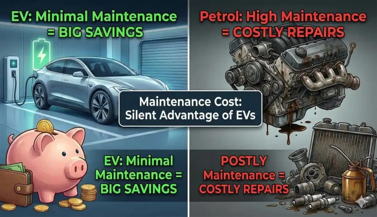 Maintenance Cost – Silent Advantage of EVs showing lower upkeep compared to petrol cars in India.