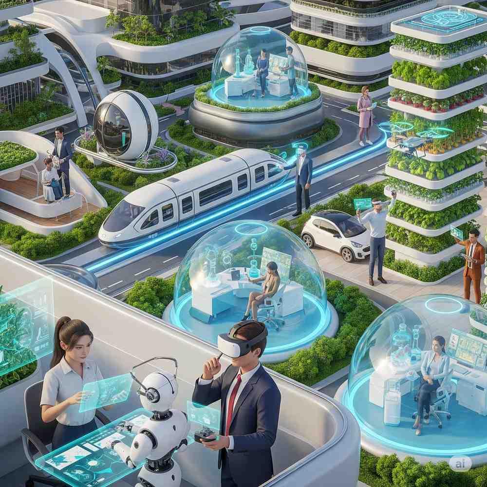 Visual representation of the future workforce in 2025 with humans and AI systems collaborating in an office setting