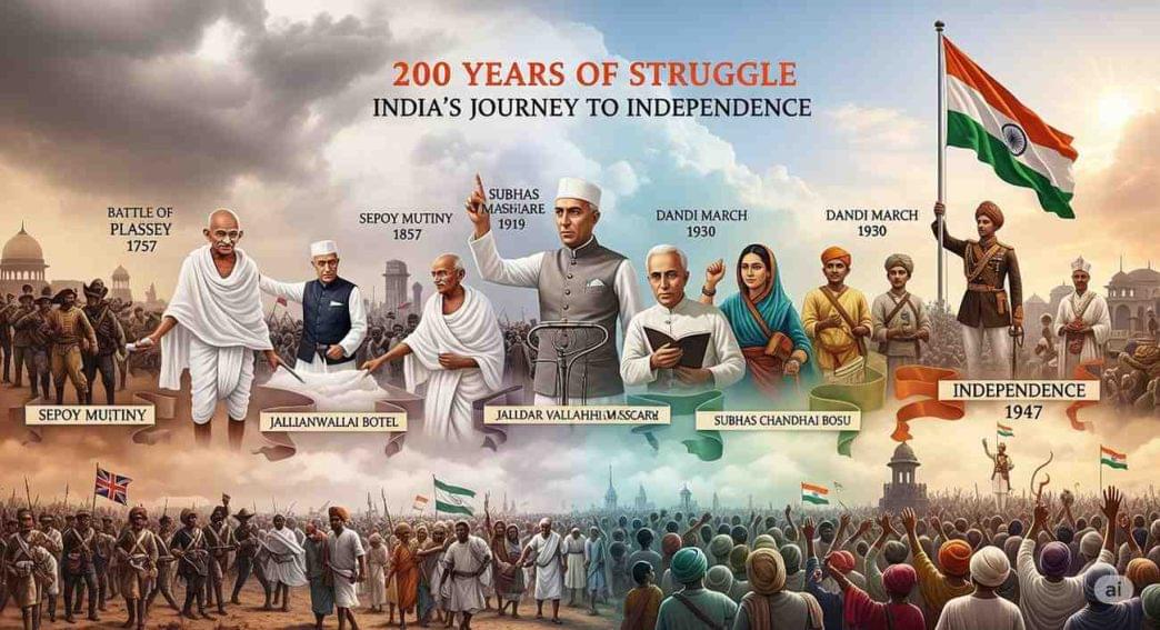 An artistic representation of India’s journey to freedom highlighting key moments from the 200 years of struggle against British colonial rule.