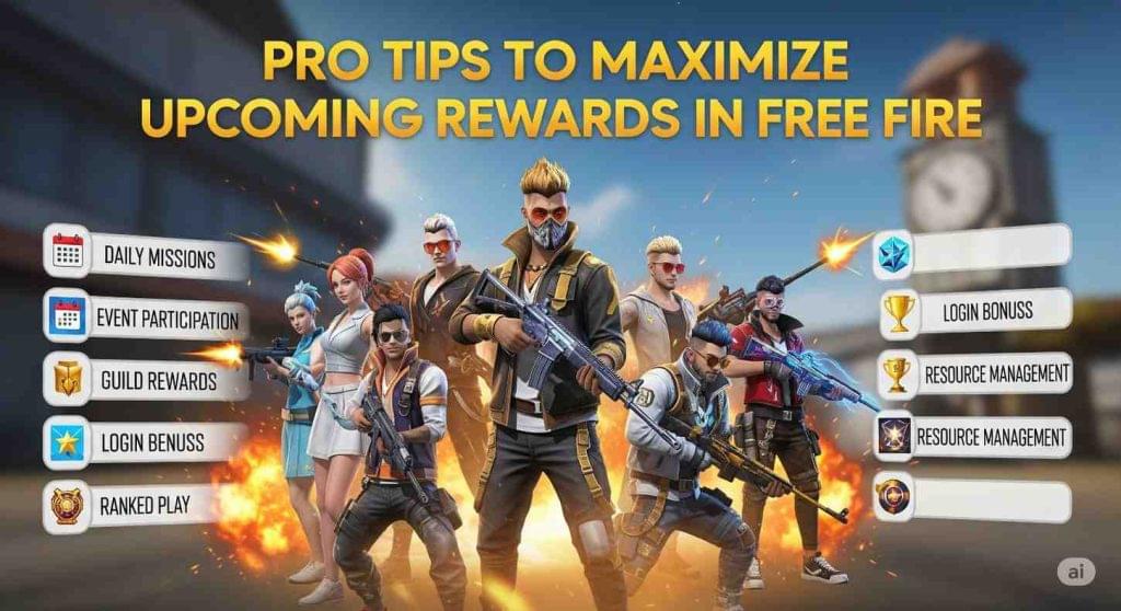 Tips section on how to maximize Free Fire upcomig rewards without spending diamonds, including free skins and characters.