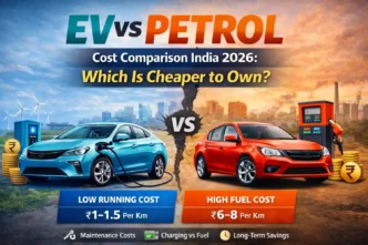 EV vs Petrol Cost Comparison India 2026 showing electric car vs petrol car ownership cost, running cost per km, fuel vs charging expense and long-term savings in India