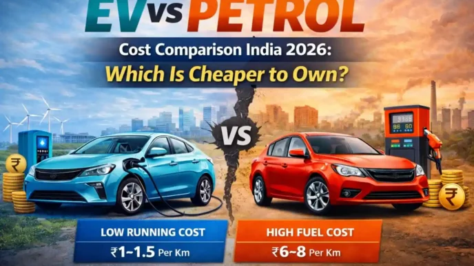EV vs Petrol Cost Comparison India 2026 showing electric car vs petrol car ownership cost, running cost per km, fuel vs charging expense and long-term savings in India